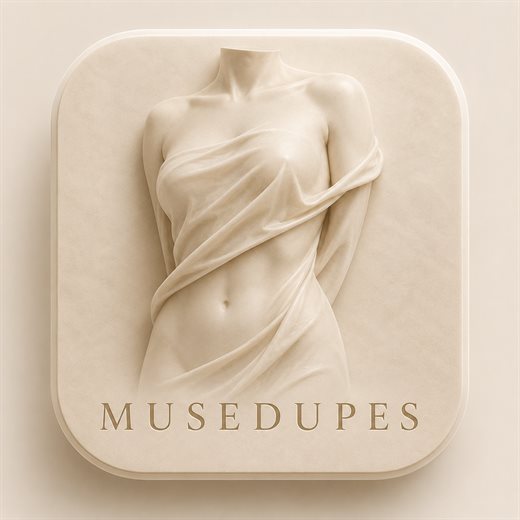The MuseDupes app icon: a classical draped sculpture carved in ivory-toned relief above the MUSEDUPES wordmark.